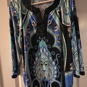 JM Collection Blue and Gray Patterned Top